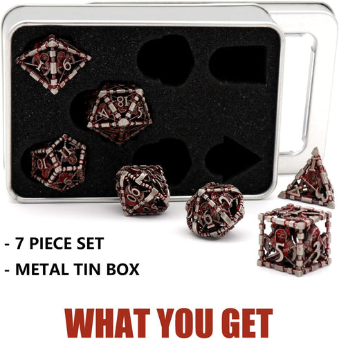 Set,7-Piece 3D Hollow Grim Reaper Metal DND Dice Polyhedral RPG Dice, Hollow Skeleton Design (Blood Red Numbers)