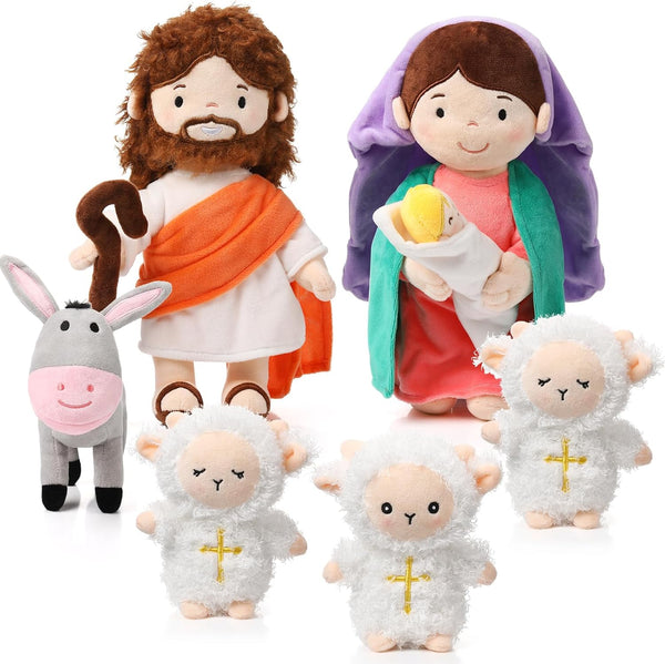 HyDren 6 Pcs Christian Religious Plush Doll Set, 11 Inch Jesus Plush with Virgin Mary, Donkey, Lambs, Stuffed Jesus