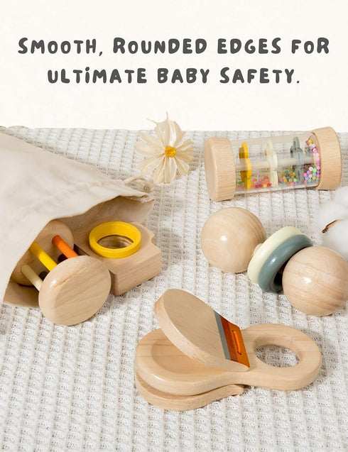 BONOVISTA 7 Set 0-6 0-12 PCS Wooden Baby Toys - Organic Infant Rattles Newborns Month & Montessori-Inspired Musical