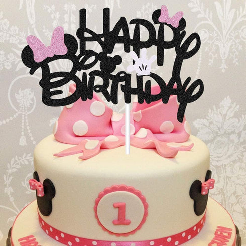 Black Glitter Minnie Inspired Happy Birthday Cake Topper with Pink Bows for Girls Birthday Party
