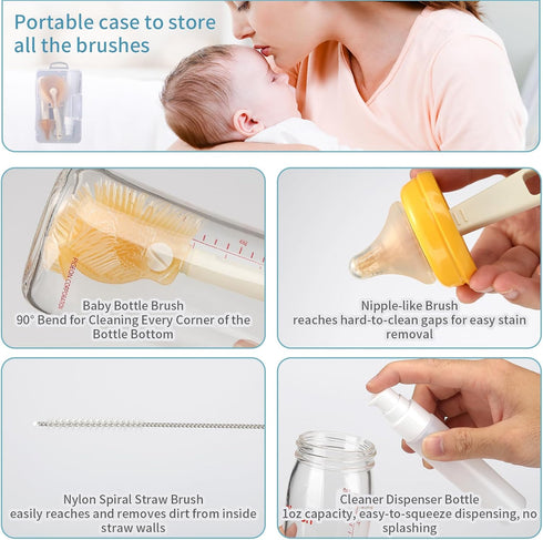 Set Baby Bottle Brush, VOOWO Portable Travel Bottle Cleaner Kit, Silicone Baby Bottle Cleaner Brush with Baby Bottle