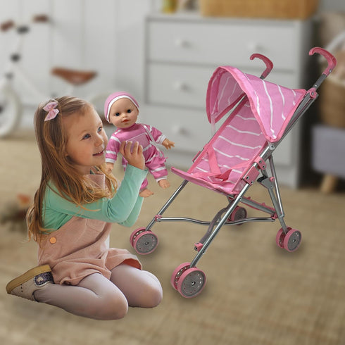 Set 12" Set Baby Doll with Stroller - Baby Doll with Pacifier Gift - Pink Fabric Baby Stroller Toy for Kids - Foldable