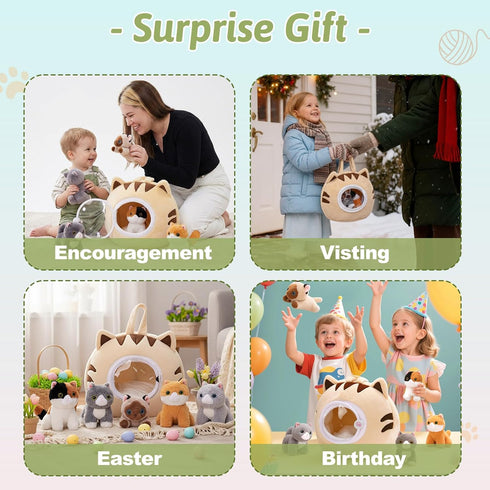 OUOZZZ Set 5 Playset Cat Stuffed Animal House Plush Kitten Toy with Soft Cats Interactive & Travel-Friendly Kitties