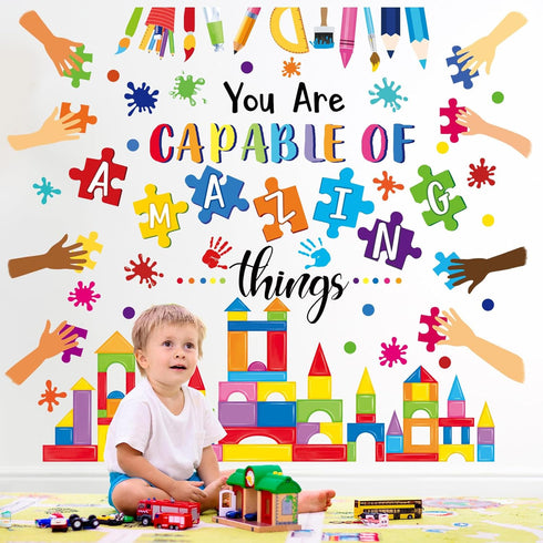 wondever Reading Corner Builders Blocks Wall Stickers Inspirational Quotes You are Capable of Amazing Things Handprint