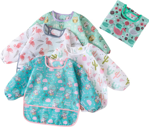 5 Pcs Long Sleeved Waterproof Baby Toddler Bibs, Sleeved Bib for 3-24 Months
