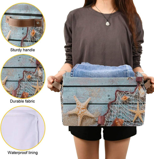 AUUXVA Summer Beach Sand Storage Basket Bin, Rustic Wooden Starfish Large Fabric Toys Storage Cube Box