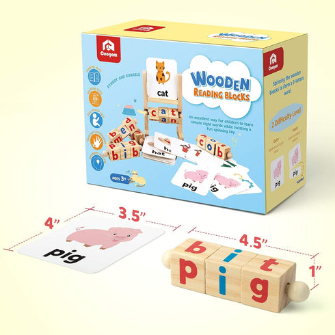 Coogam Wooden Reading Blocks Short Vowel Rods Spelling Games, Flash Cards Rotating Letter Puzzle for Kids