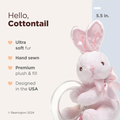 Bearington Baby Cottontail Plush Stuffed Animal - Pink Bunny Shaker Toy Ring Rattle, 5.5" Bunny Rattle