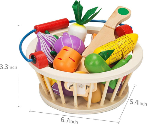 Victostar Magnetic Wooden Cutting Fruits and Vegetables Play Toy Set with Basket
