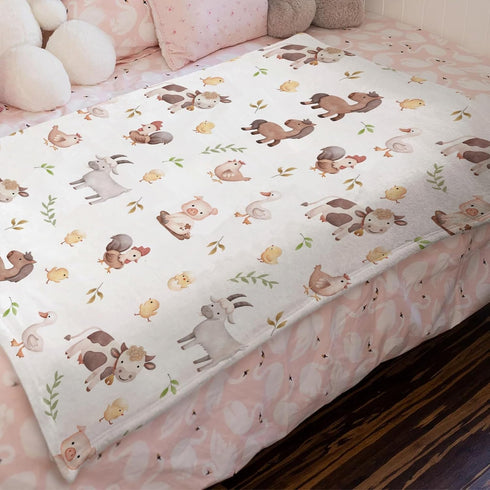 Watercolor Farm Baby Blanket for Boy Girl, Farm Animals Pig Goat Horse Cow Chick Rooster Duck Leaves, 30x40