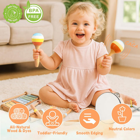 1-3, 12PCS Set 1-3 Baby Musical Instruments for Toddlers Montessori Musical Toy with Xylophone, Drum, Maracas...Perfect