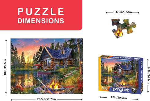 Springbok Sun Kissed Cabin 500 Piece Jigsaw Puzzle for Adults, Colorful Illustration of Fishing Cabin by The Lake