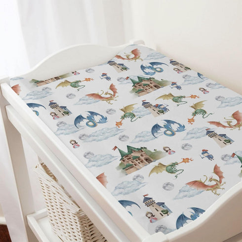 Fairytale Dragons Castle Changing Pad Cover Watercolor Dragon Princess Knight Baby Diaper Change Table Cover for Boy