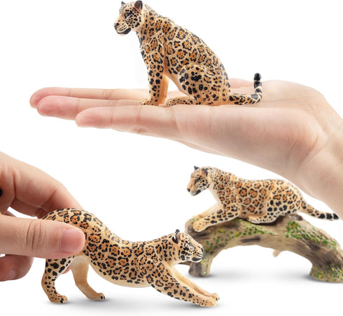 Toymany 7PCS Jaguars Figurines with Jaguars Cub and Tree Trunk, Realistic Jungle Animals Family Playset
