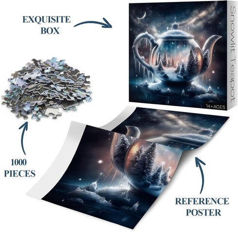 BBOLDIN 1000 Fantasy Winter Teapot Puzzle for Adults Piece, Night Forest Snow Scene Jigsaw Puzzle, Nebula Starry Night