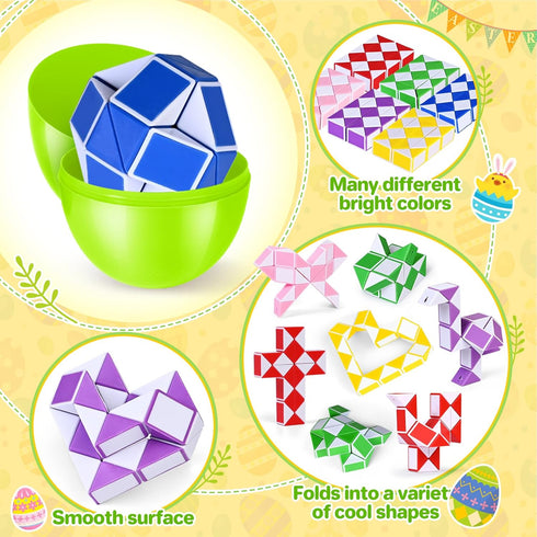 24 Pack Prefilled Easter Eggs with Snake Twist Toys, Blocks Fidget Toys Easter Gifts for Easter Hunt, Basket Stuffers