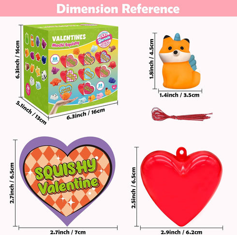 28 Pack SURCVIO Valentines Day Gifts for Kids, Animal Mochi Squishies Filled Heart-Shape Box and Greeting Cards Kawaii