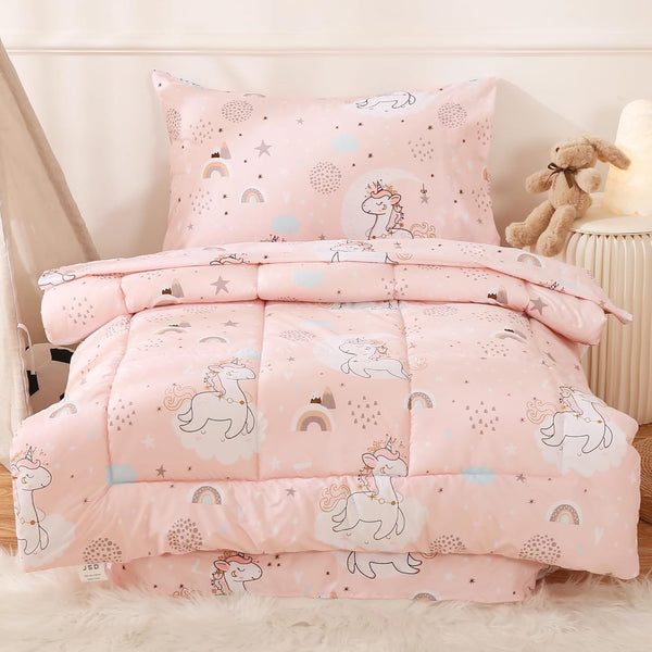 JSD Pink Unicorn Toddler Bedding Set, 4 Piece Bed-in-a-Bag Toddler Microfiber Comforter