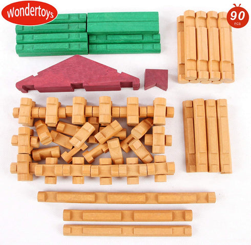 90 Set, 3 4 5 6 Wondertoys Pieces Classic Wood Cabin Logs Building Log Toy for Children, Farm House Construction