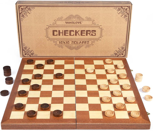15inch Set, 100 10x10 VAMSLOVE Checkers Folding Wooden Game Square Checkerboard International Checkers Draughts Board