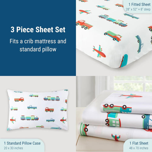 Set Wildkin Toddler Sheet Soft Microfiber, Fitted & Top Sheet, Pillowcase - Trains, Planes, and Trucks