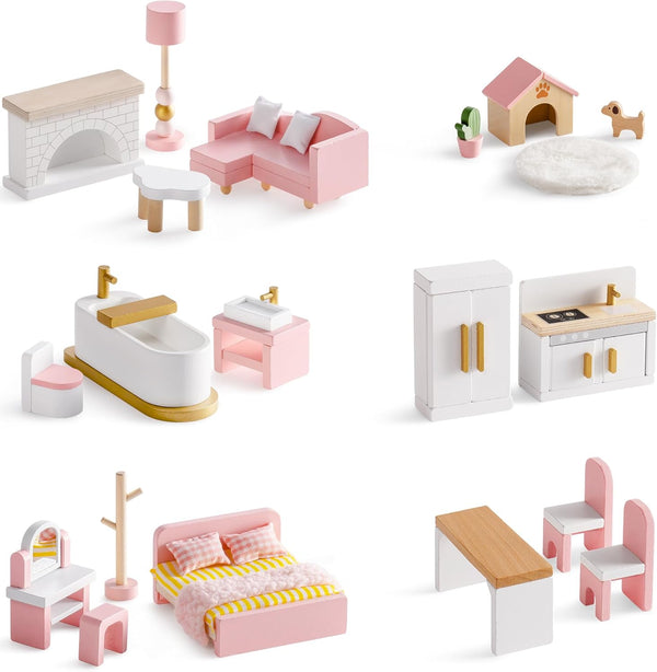 ROBOTIME Wooden Dollhouse Furniture Set, 28 PCS Miniature Dollhouse Furniture with 6