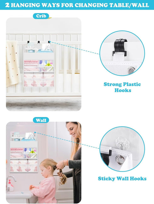 Hanging Diaper Caddy Organizer, Spacious Baby Diaper Organizer for Changing Table, Playpen/Wall - Holds 90+ Diapers