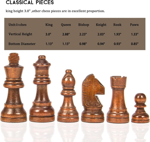 AMEROUS Wooden Chess Pieces with 2 Extra Queens / 3.0 Inch King / Storage Bag & Instructions for Chess Board