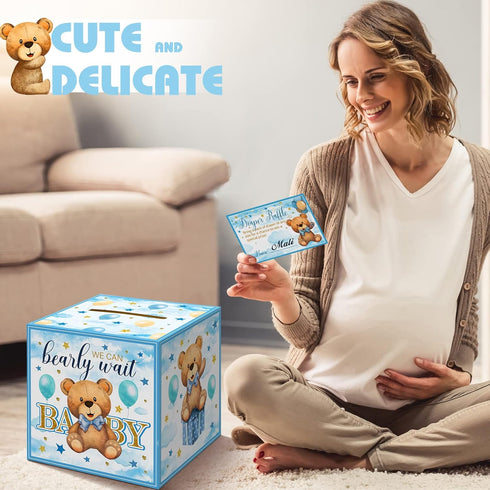 51 Spakon Pieces Bear Diaper Raffle Tickets with Box Blue for Baby Shower Supplies Game Decoration Gender Reveal Party