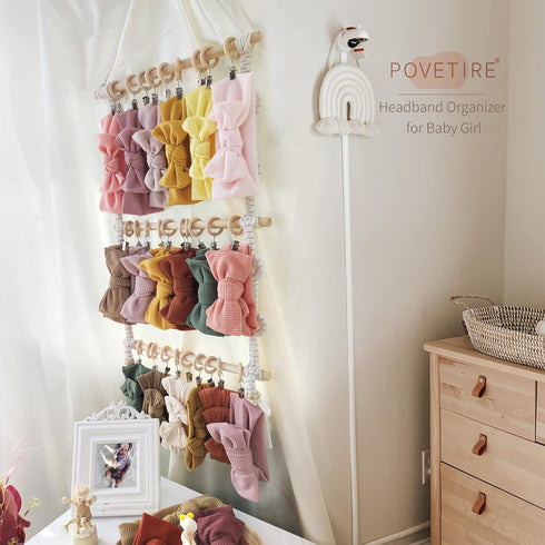 (Beige-1) POVETIRE Baby Headband Holder, Hair Bows and Accessories Storage Organizer, Wall Hanging Decor for Nursery