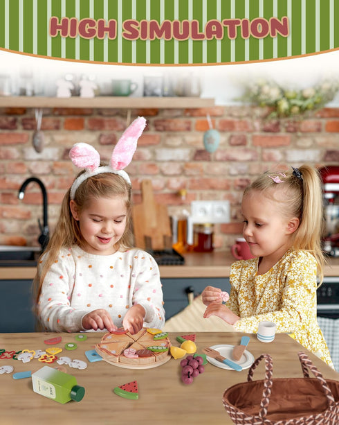 1-3, Playset 3-5, 3 4 5 6 Wooden Pizza Toy, Wooden Food Toys for Toddlers Wooden Play Food with Basket, Pretend Play