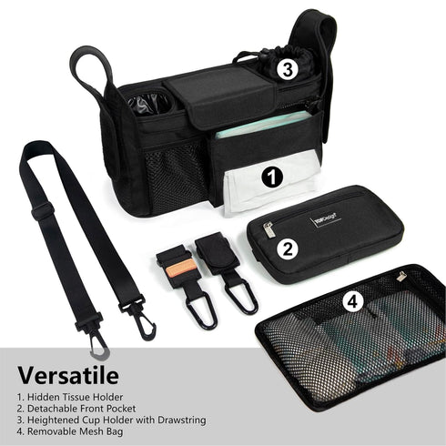 TOPDesign Universal Baby Stroller Organizer, Stroller Caddy with Detachable Mesh Bag & Heightened Insulated Cup Holders