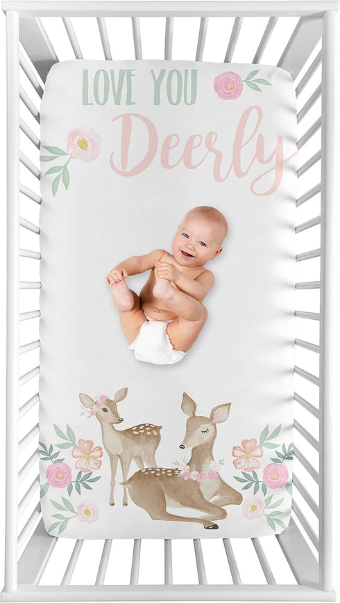 Sweet Jojo Designs Fitted Baby Crib Sheets (Woodland Deer Floral) for Girls,