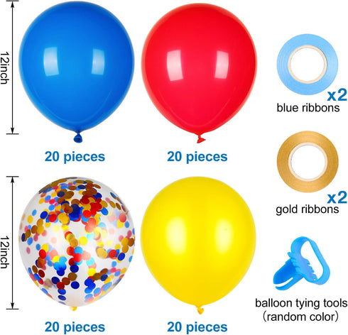 Red Yellow and Blue Latex Balloons with Confetti for Paw Party Decorations, Carnival Circus Birthday Party (80 Packs)