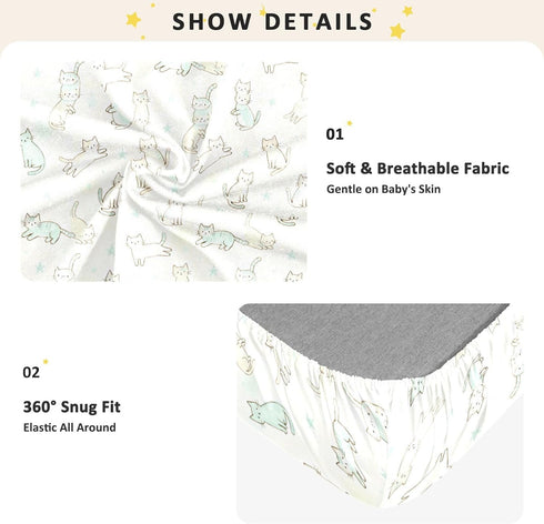 miaozhen 1 Pack 52x28 Cotton Baby Crib Sheets Soft Stretchy Naughty Cat Green Toddler Mattress Sheet for Nursery