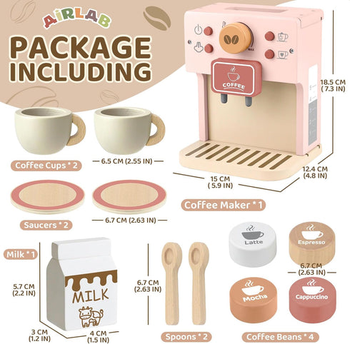 Playset Set Airlab Kids Coffee Toy Coffee Maker for Toddler Wooden Kitchen Accessories Pretend Play for Girls Boys Ages