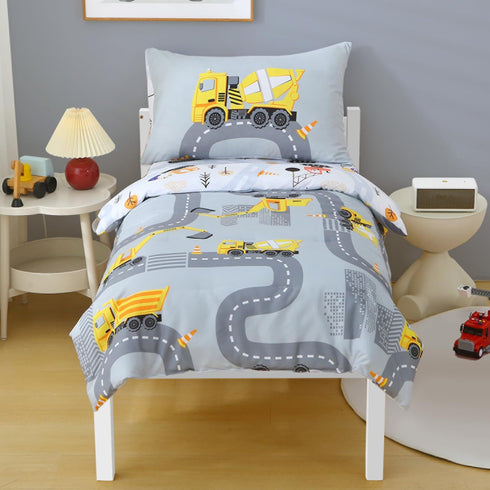 Grey Construction Cars Toddler Bedding Set for Boys, 4 Piece Reversible Lightweight