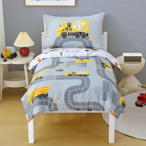Grey Construction Cars Toddler Bedding Set for Boys, 4 Piece Reversible Lightweight