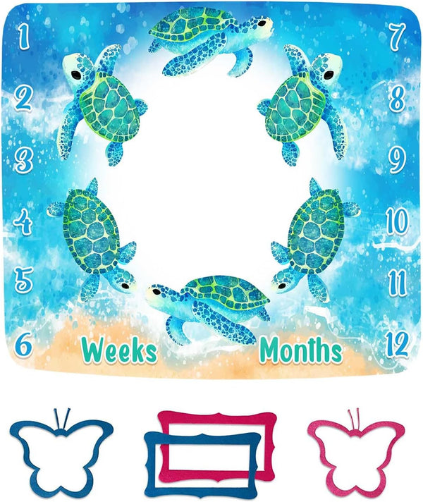 Turtle Milestone Blanket Blue Sea Life Baby Blanket 48x40in with Swaddling Bag, Beach Newborn Gift BTLSFH127