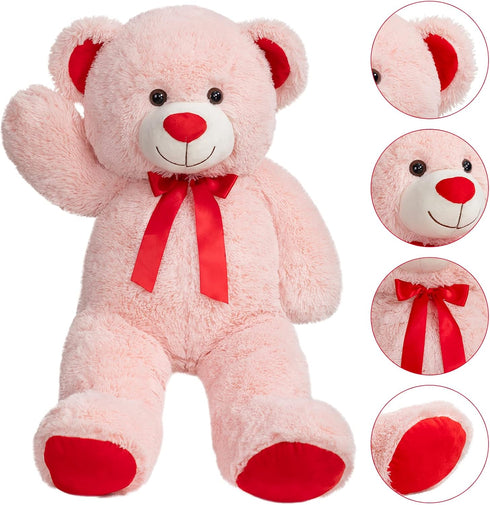 Giant Teddy Bear Stuffed Animal Plush with Red Ribbon Bow, 36 inch Pink Valentine's Day Gift for Kids and Girlfriend