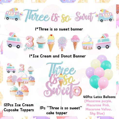 Three Is So Sweet Ice Cream Party Decorations - Banner, Cake, Cupcake Toppers, Macaron, Balloons for Donut Theme Third