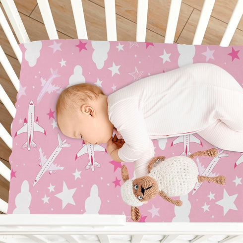 KICPOAY 52 28 Airplanes Clouds Star Pink Fitted Crib Sheets Stretchy Portable Playard Sheets for Baby Toddler