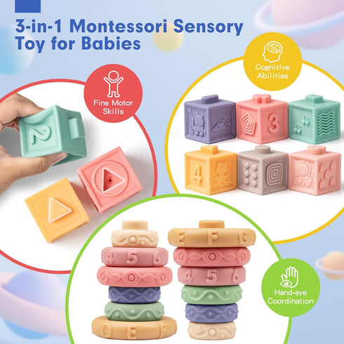 SpringFlower 3 in 1 Montessori Toys for Babies 0-3-6-12 Months, Rattle Teether, Baby Blocks, Soft Stacking Rings