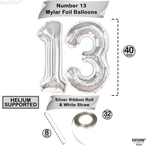 KatchOn Big Silver 13 Balloon Numbers - 40 Inch for 13th Birthday Decorations for Girls and Boys