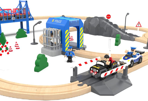 Wooden Train Tracks Accessories, Police Station Compatible with All Railroad Track Collection, Train Toys Expansion