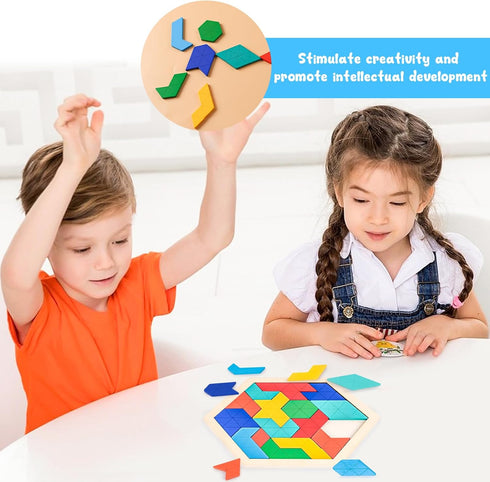 3 Otters Wooden Hexagon Puzzles, Brain Teaser Blocks for Kids, Montessori Educational Shape Pattern Block for All Ages