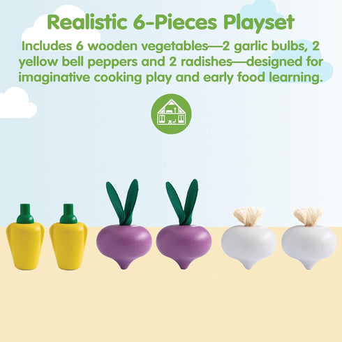 Set PlanToys Wooden Fresh Produce Red Radishes, Garlics and Yellow Bell Peppers | Pretend Play Food for Imaginative
