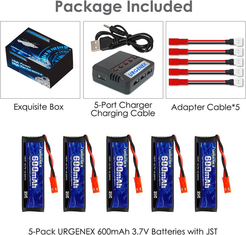 URGENEX 3.7v Lipo Battery 600mAh with JST Plug, 1S Li-Po Battery with X5 Charger for RC Drone Quadcopter