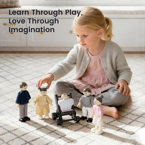 Set, 5-Piece 3+ Tiny Land Wooden Dollhouse People Poseable Wooden Doll Family with Dad, Mom, Brother, Sister, Baby
