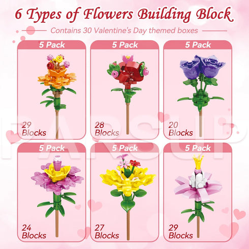 30PCS 6 PARSUP Valentines Day Gifts for Kids, Different Artificial Flower Building Block with Valentines Gift Boxes